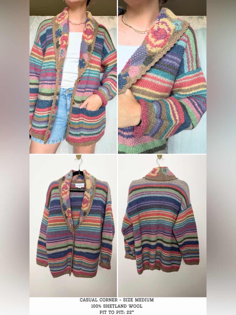vintage Casual Corner shetland wool colorful maximalist floral stripe cardigan M - Picture 8 of 8